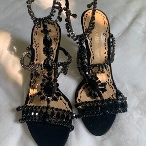 Marchesa Grace Rhinestone Wedding Black Suede Sandals 37 6.5 7